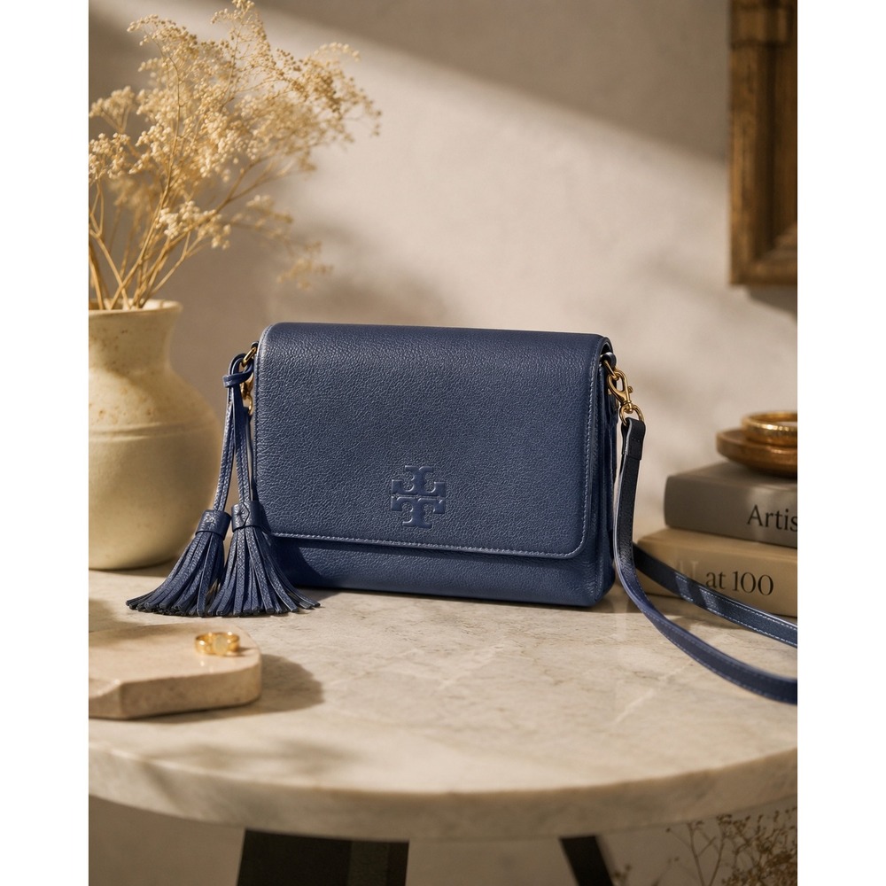 Tory Burch Thea Foldover Crossbody Navy Blue Pebbled Leather Tassel Gold Bag